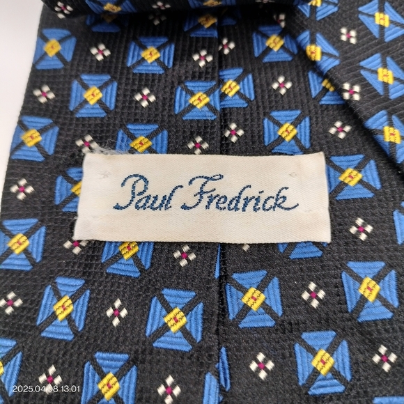 Paul Frederick Necktie Black Blue Yellow Accent Geometric Textured Men's Silk - Picture 8 of 9
